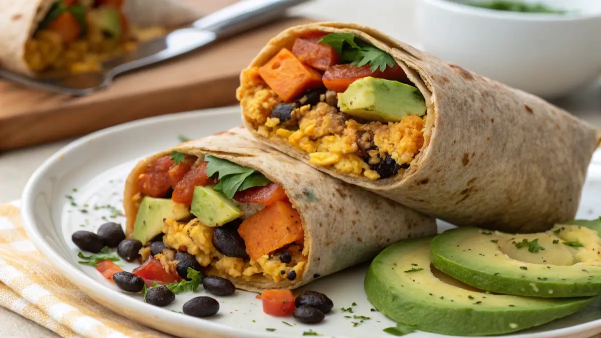 Vegan breakfast burrito with tofu, beans, and avocado