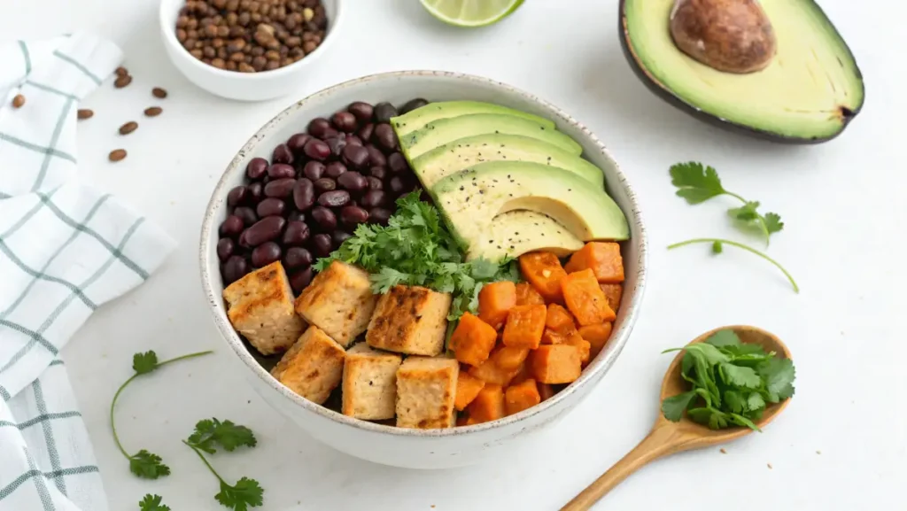Vegan burrito ingredients tofu, beans, avocado