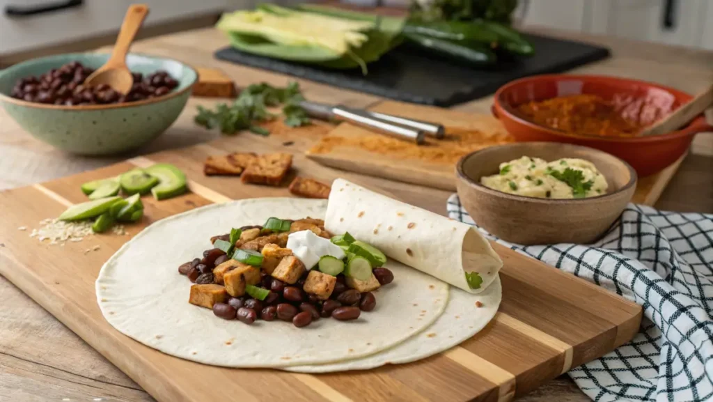 Assembling a vegan breakfast burrito with plant-based ingredients