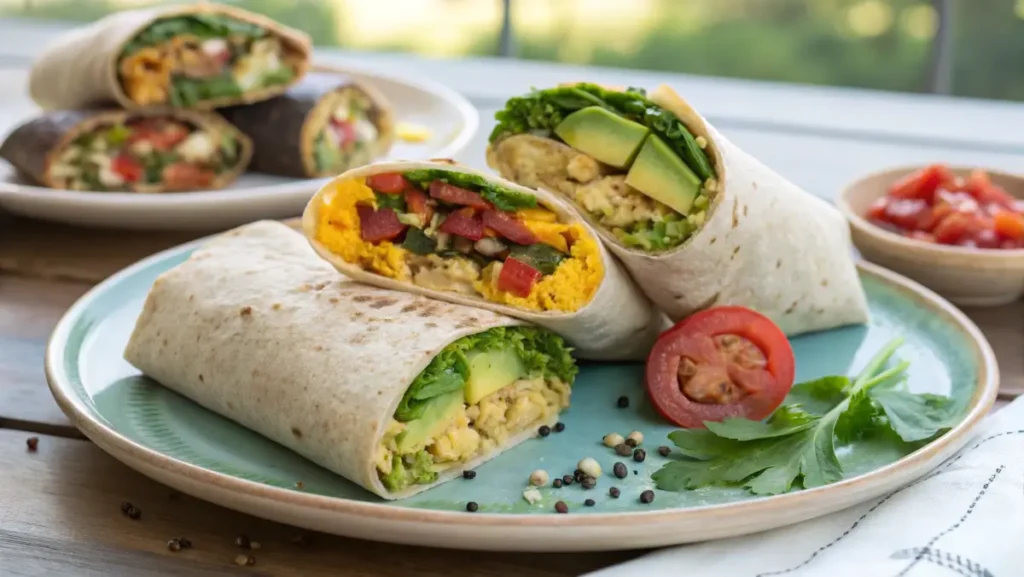 Vegan breakfast burrito variations on plate