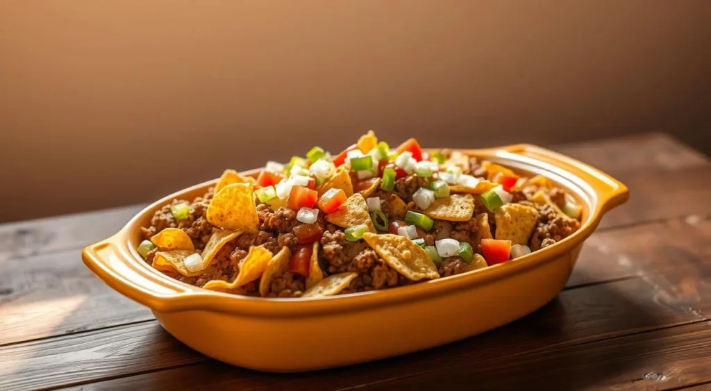 Homemade walking taco casserole served in a baking dish, garnished with sour cream and chopped cilantro.