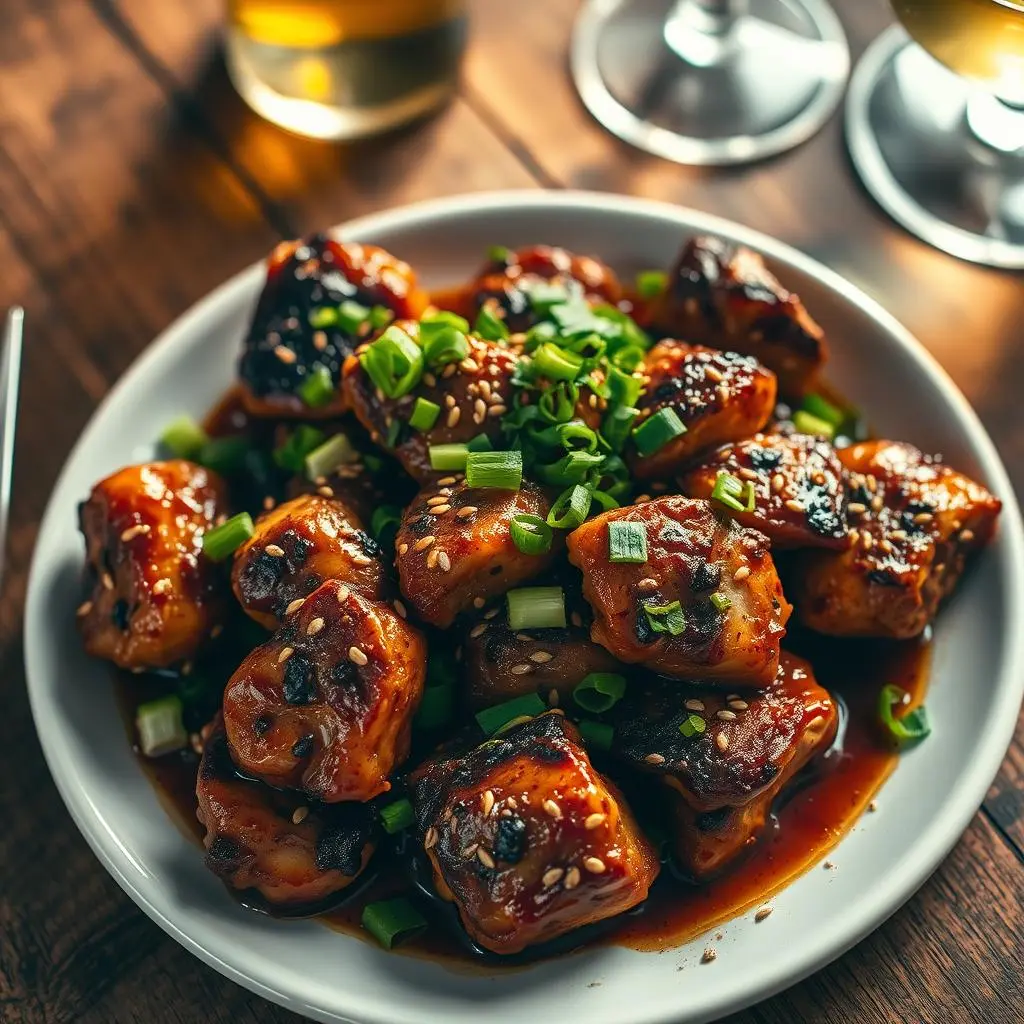 Delicious black pepper chicken with tender, juicy pieces and a bold, spicy glaze on a white plate.