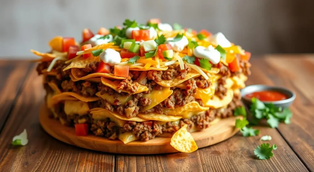 Easy walking taco casserole with seasoned ground beef, beans, and a cheesy, crispy topping.