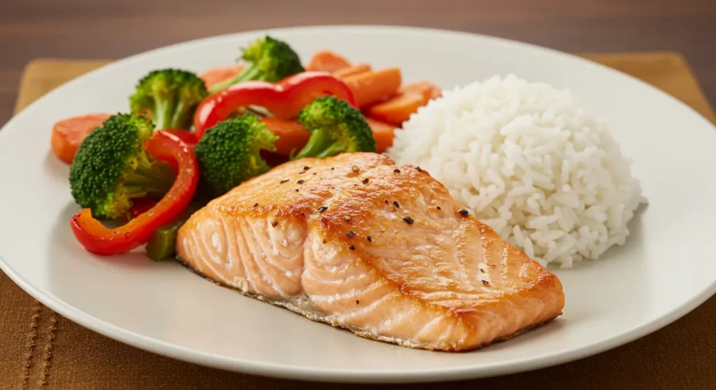 Air fried frozen salmon dinner with vegetables