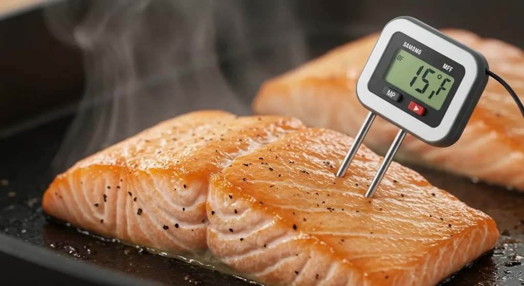Cooked salmon at 145 degrees internal temp