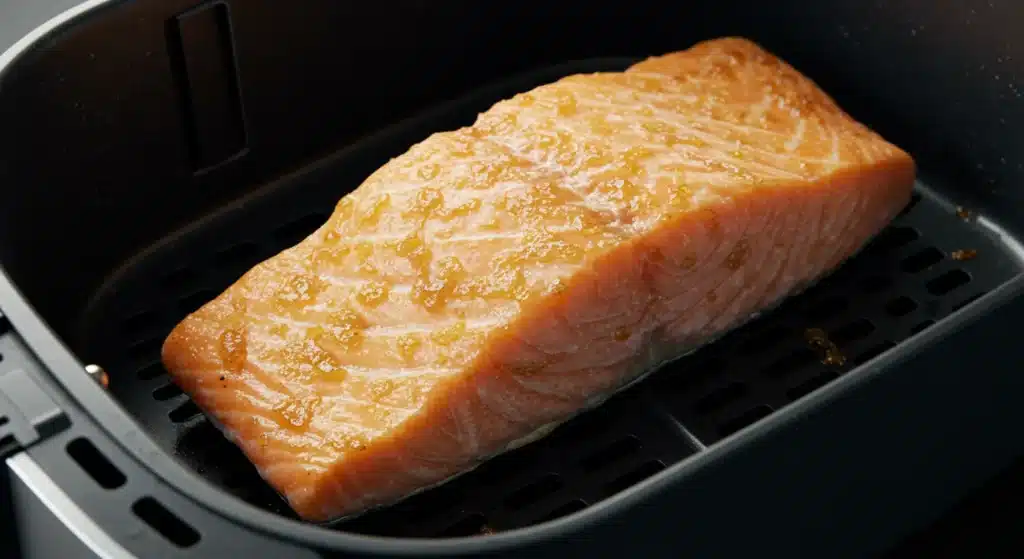 Air Fryer Frozen Salmon in basket crispy and juicy