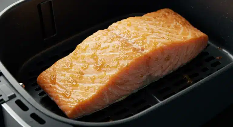 Air Fryer Frozen Salmon in basket crispy and juicy