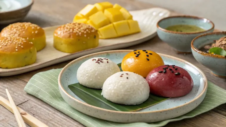 Assorted traditional asian-desserts with mochi and mango sticky rice