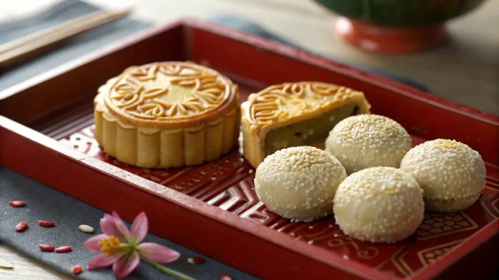 Chinese mooncakes and sesame balls – popular asian-desserts