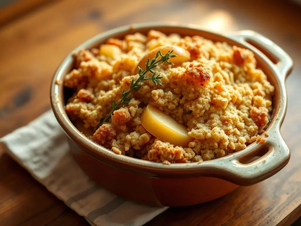 Freshly baked apple crumble in a rustic dish, topped with a scoop of dairy-free vanilla ice cream.