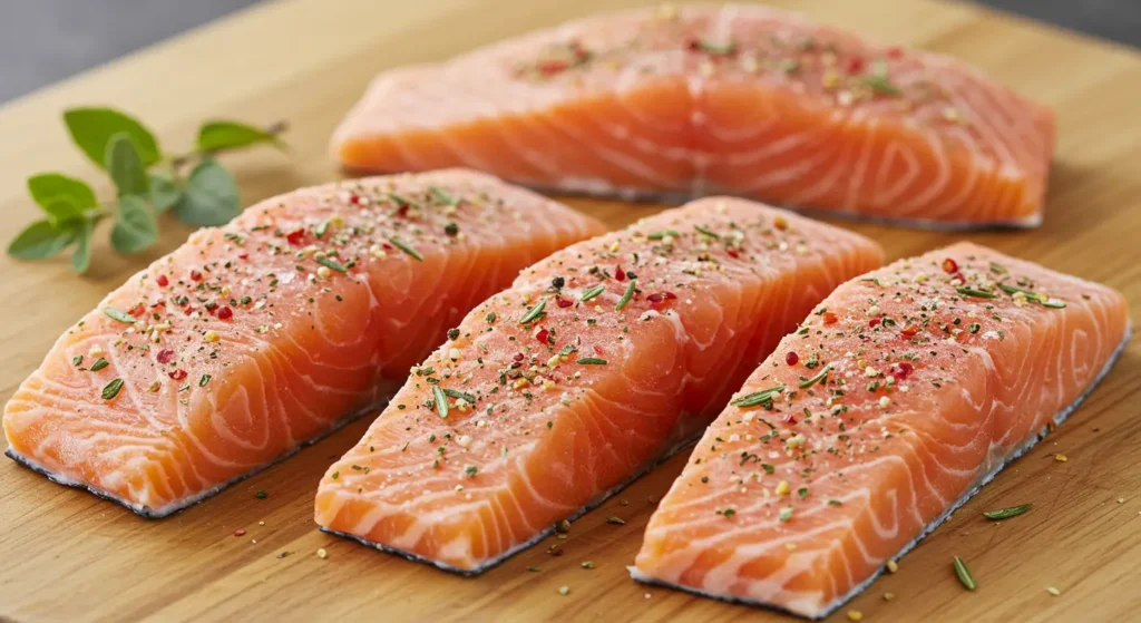 Frozen salmon fillets seasoned for air frying