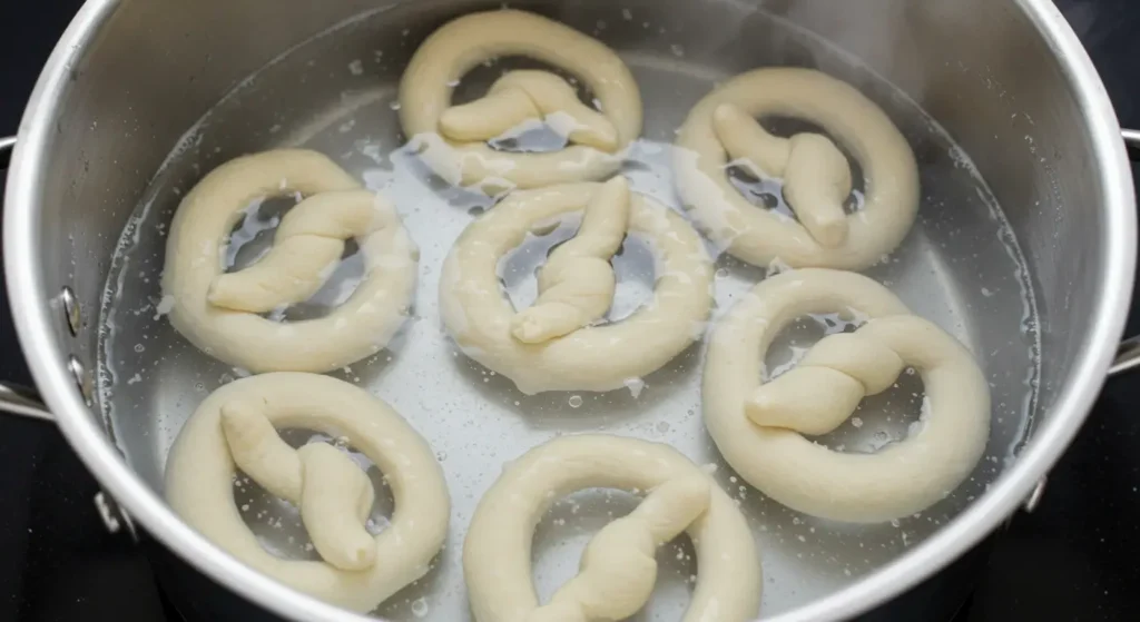 boiling gluten free soft pretzels in pot