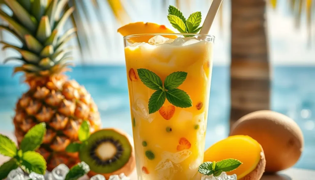 Vibrant tropical green smoothie with fresh pineapple, spinach, and chia seeds, served with a straw.