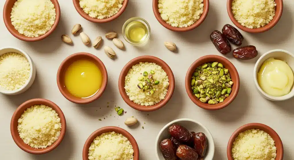 semolina, pistachios, and rose water for middle eastern desserts