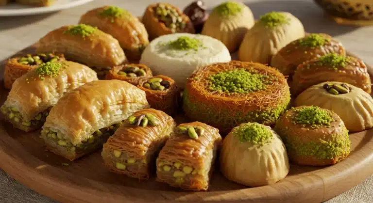 platter of assorted middle eastern desserts with pistachio topping