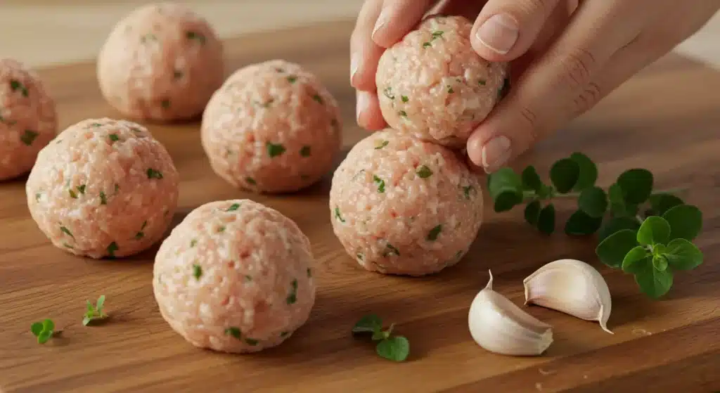 Preparing chicken meatballs with herbs