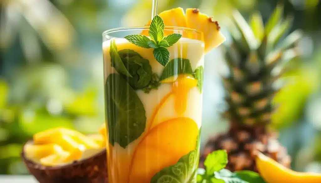 Healthy island green smoothie in a mason jar, garnished with a slice of lime and mint leaves.