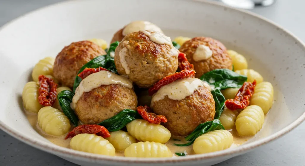 Tuscan chicken meatballs with gnocchi in creamy sauce
