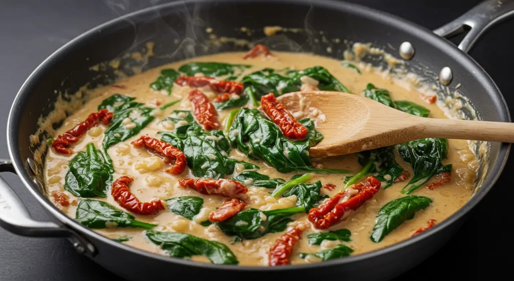 Creamy Tuscan sauce with spinach and sun-dried tomatoes