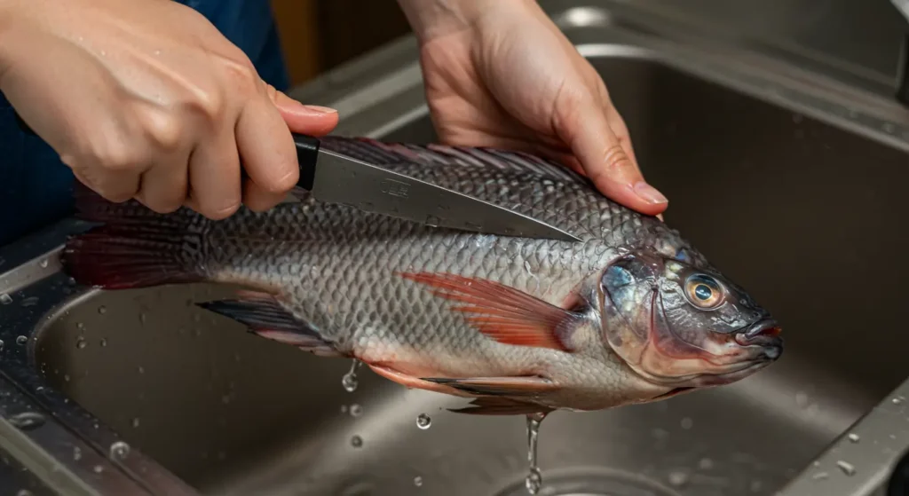 Cleaning and scoring whole tilapia before cooking