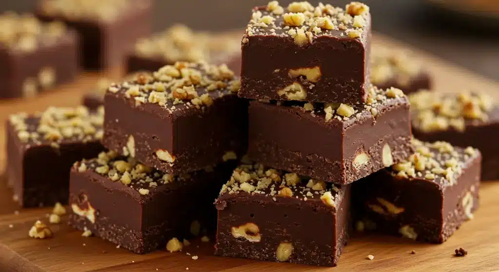 Rich chocolate fudge with nut topping