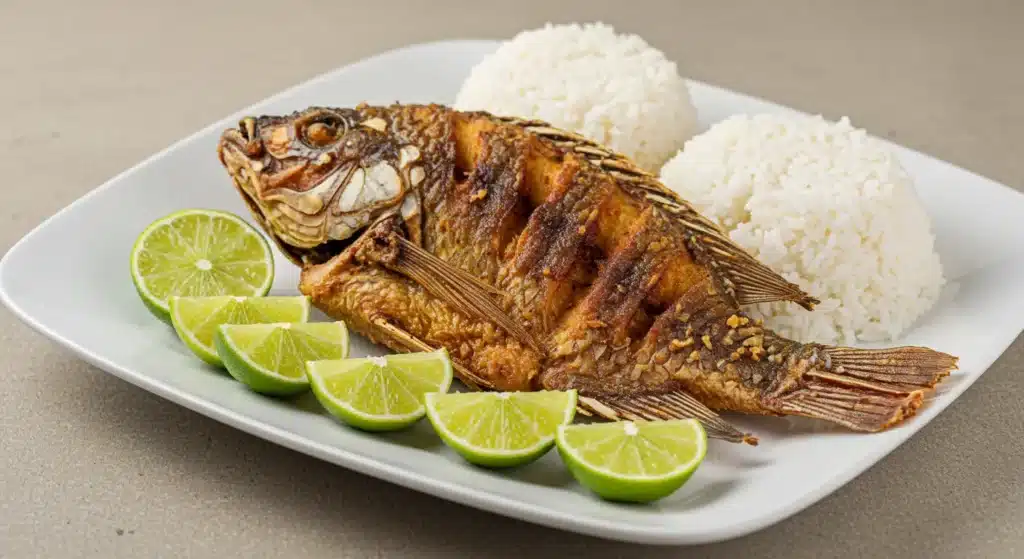 Fried whole tilapia with lime and rice