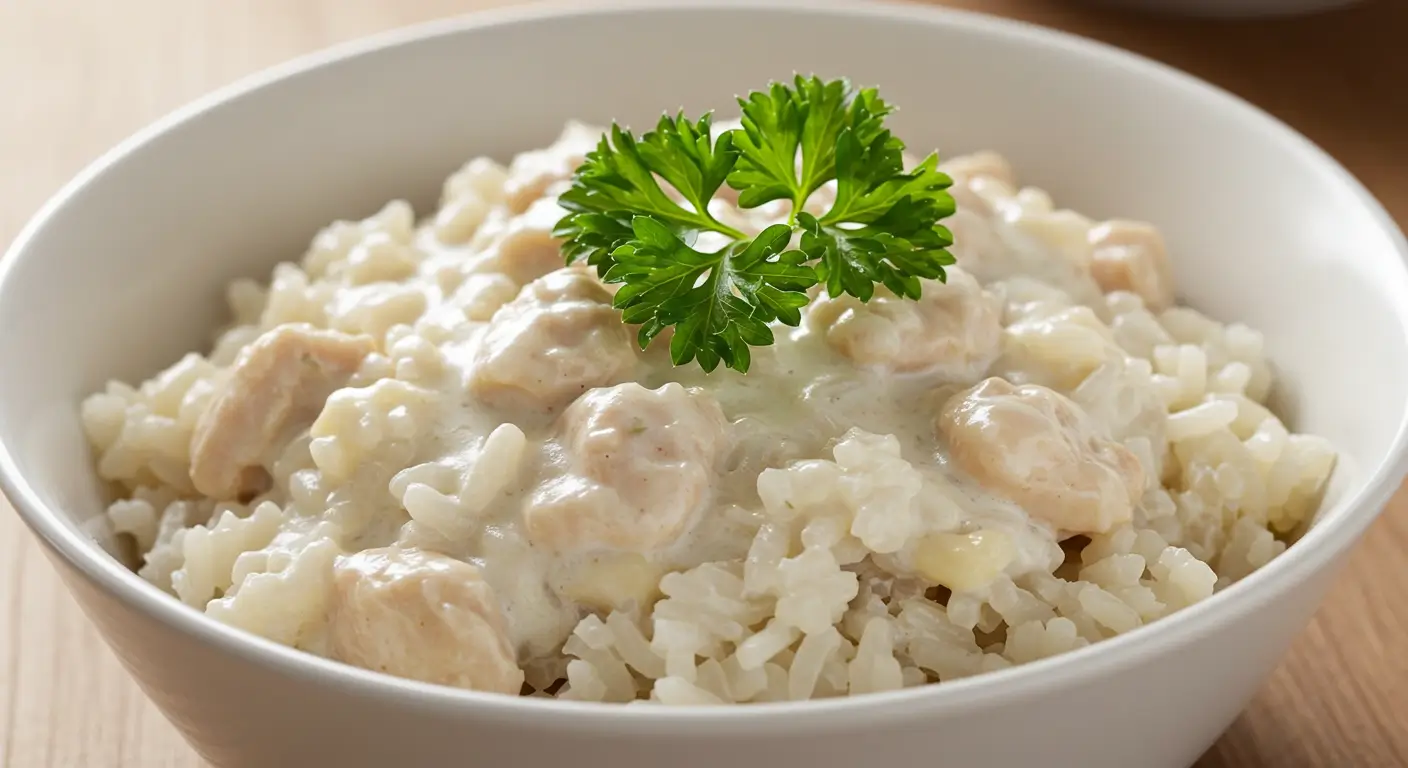 creamy ranch chicken and rice served in a bowl