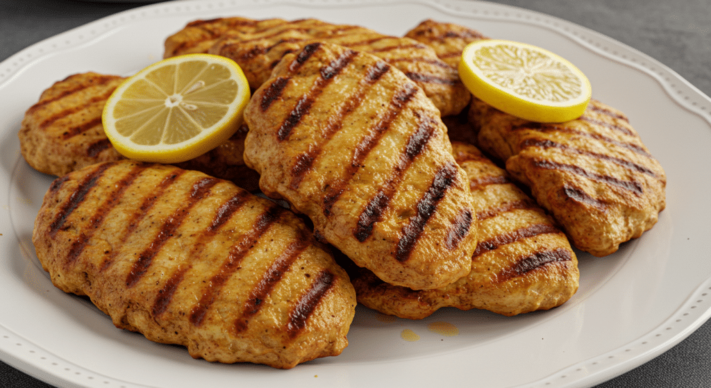 Homemade chicken cutlets on a plate with lemon wedges and fresh herbs
