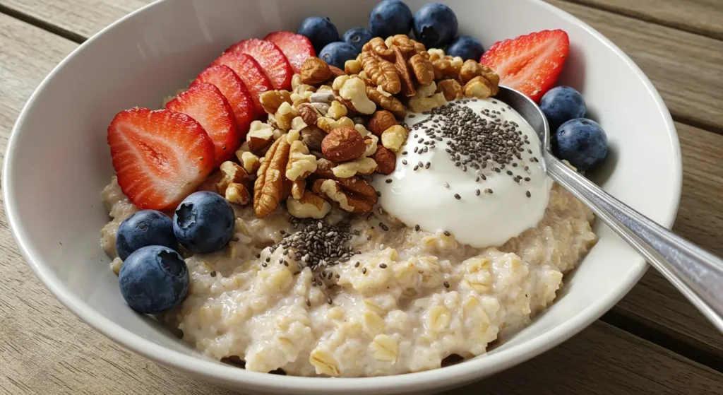 Get energized with high protein overnight oats layered with peanut butter and banana slices