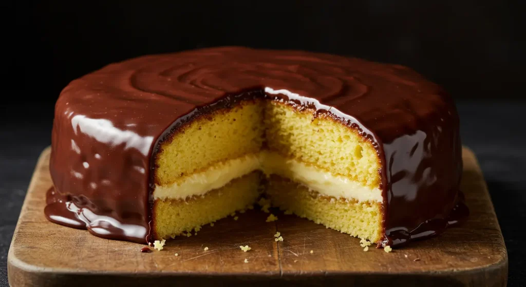 Boston cream cake slice showing rich custard filling and decadent chocolate topping