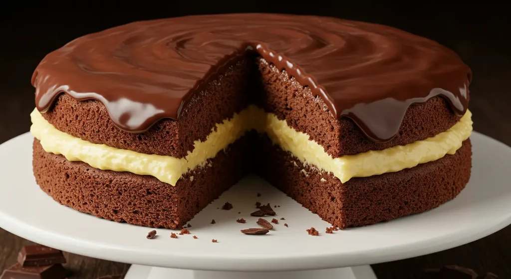 Boston cream cake being topped with smooth, shiny chocolate ganache