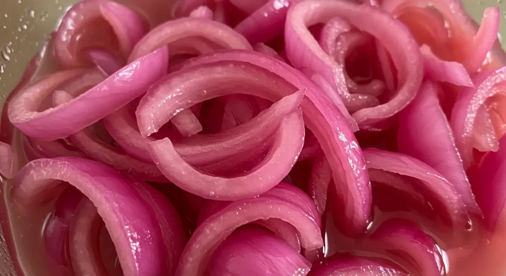 Pickled red onions being spooned from a jar for use in sandwiches, salads, or bowls