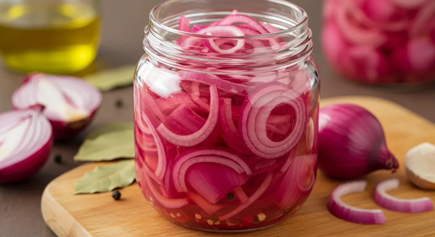 Pickled red onions in a glass jar with vinegar brine and peppercorns for a tangy, vibrant topping