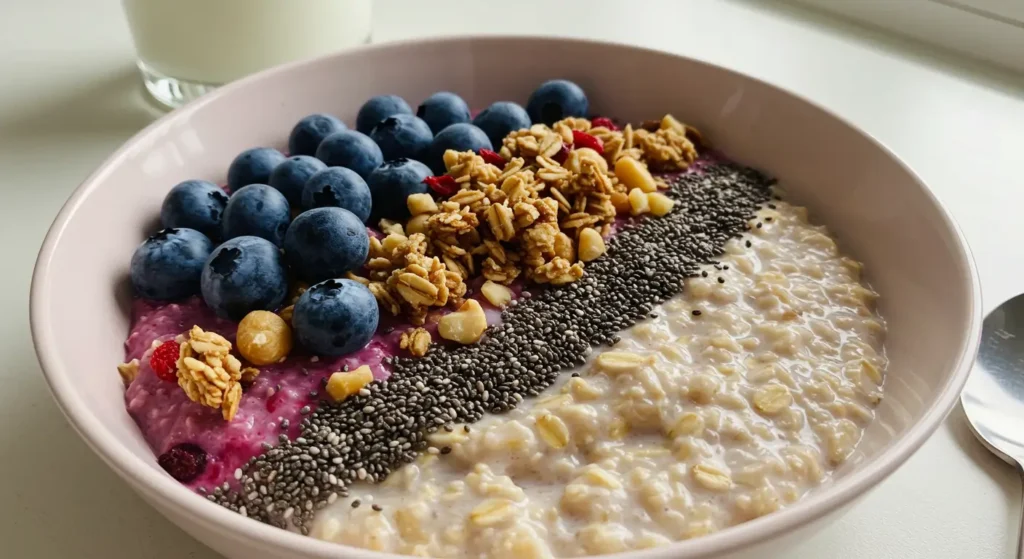 Get energized with high protein overnight oats featuring mixed berries and plant-based protein