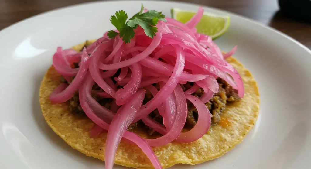 Pickled red onions used as a zesty salad topper for bold flavor and color