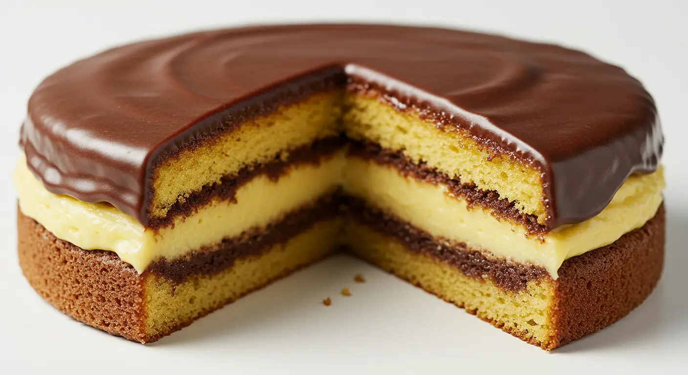 Boston cream cake with layers of fluffy vanilla sponge, creamy custard filling, and glossy chocolate ganache