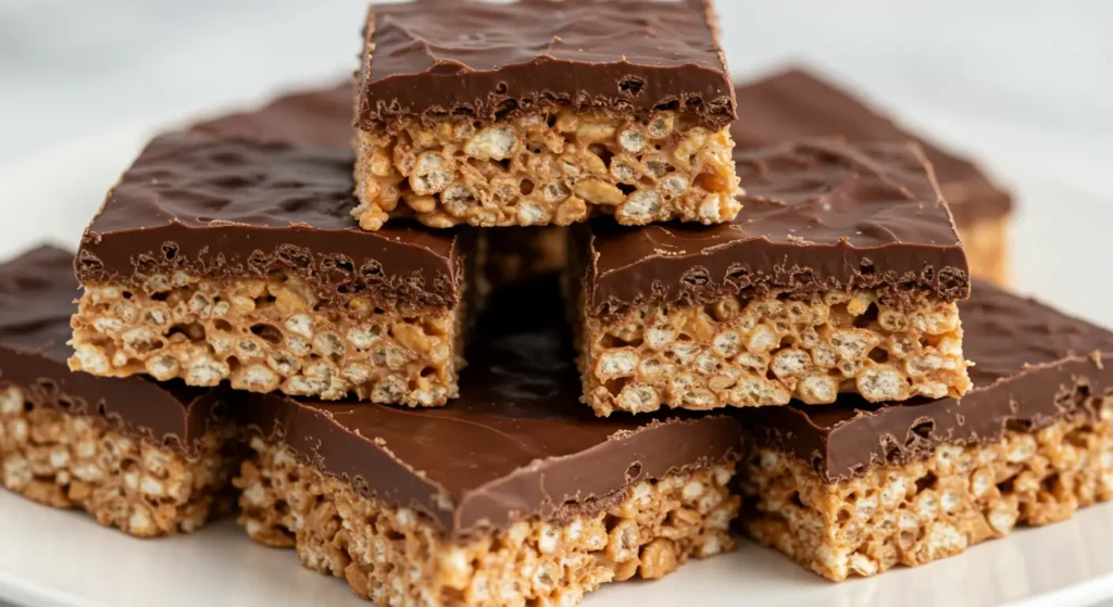 chocolate covered rice krispie treats stacked