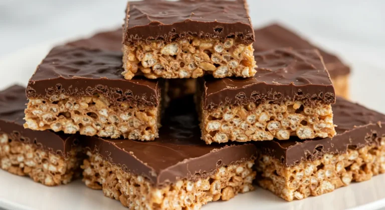 chocolate covered rice krispie treats stacked