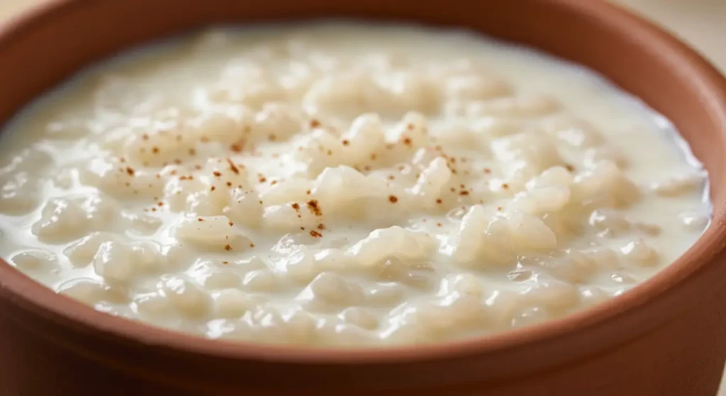 Arroz con leche topped with condensed milk and cinnamon for extra sweetness and richness