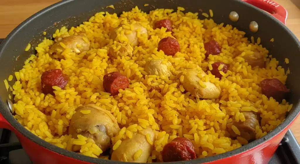 Authentic Spanish rice ingredients including rice, tomato, onion, garlic, and broth prepared for cooking