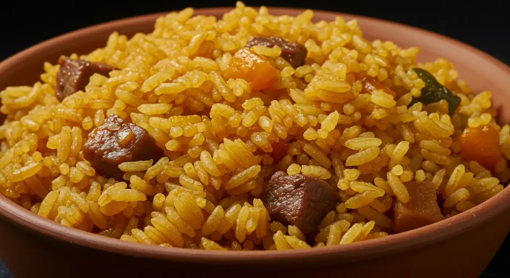Authentic Spanish rice with vibrant red color and fluffy texture, made with long-grain rice and seasonings