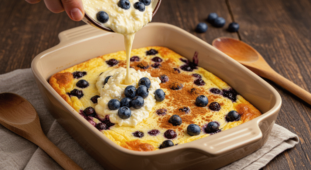 Blueberry cottage cheese breakfast bake fresh from the oven with golden edges and bubbling berries