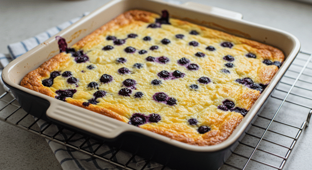 Slice of blueberry cottage cheese breakfast bake served on a plate with fresh blueberries