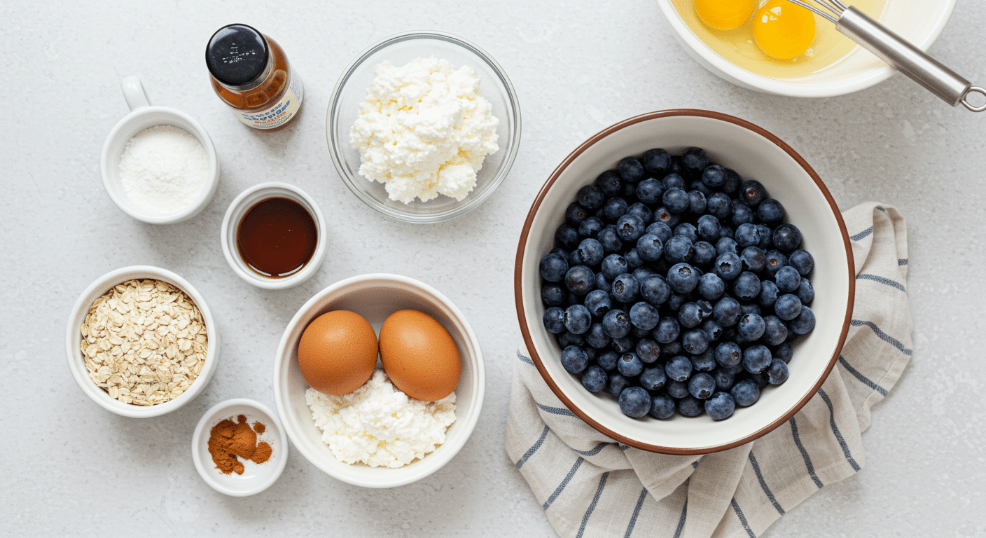 Healthy blueberry cottage cheese breakfast bake topped with oats and a drizzle of honey