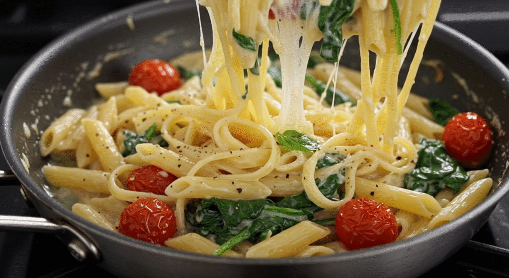 Boursin Cheese Pasta in a skillet with sautéed spinach and cherry tomatoes