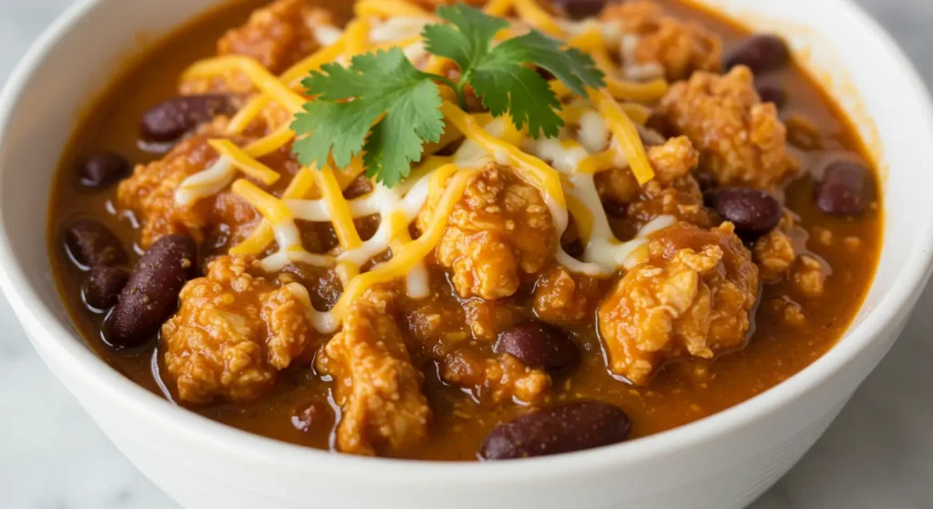 Buffalo chicken chili featuring shredded chicken, beans, and spicy buffalo sauce in a rich, hearty base