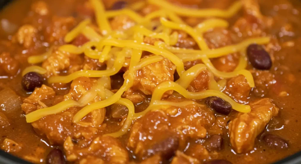 Buffalo chicken chili simmering on the stovetop with bold buffalo flavor and creamy texture