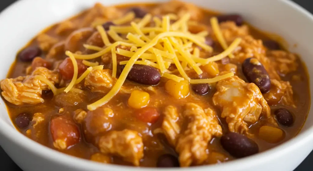 Buffalo chicken chili ingredients including shredded chicken, hot sauce, beans, onions, and spices