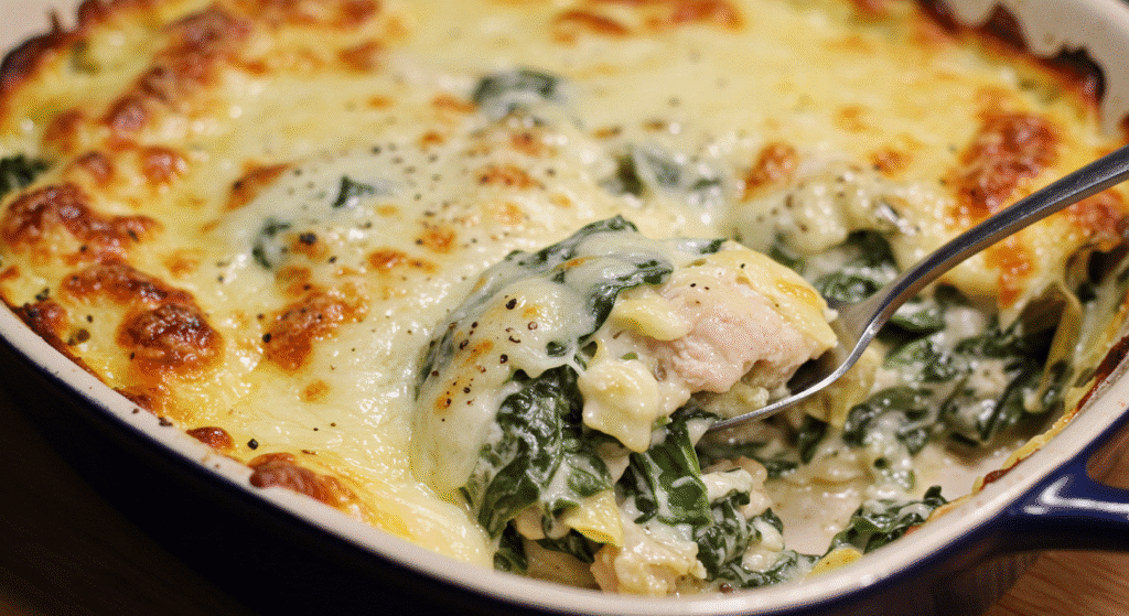 Chicken bake with creamy spinach artichoke served casserole-style with layers of cheesy goodness