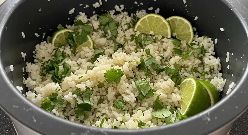 Cilantro lime rice in a rice cooker scooped and ready to serve, ideal for burrito bowls or sides